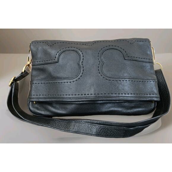 Tory Burch Amalie Black Fold Over Messenger Pebbled Leather Handbag Chic Classy - Picture 1 of 10